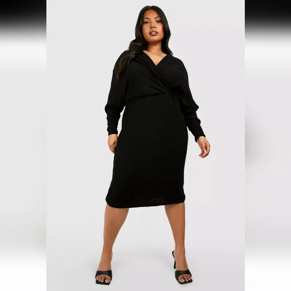 Boohoo Plus Dresses Boohoo Plus Black Wrap Knitted Midi Dress